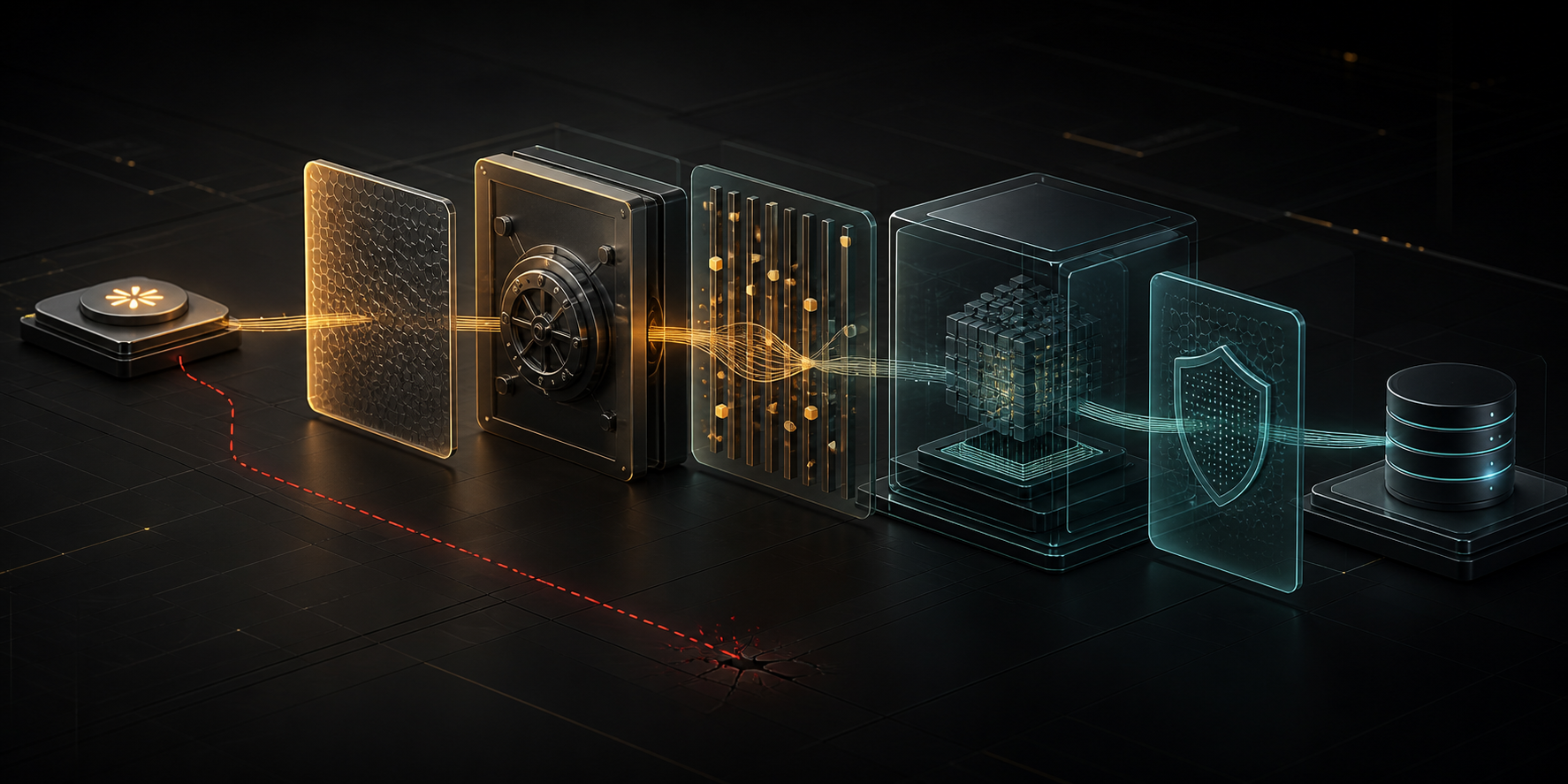 A public trigger passes through five architectural security layers before reaching an AI core and protected data store