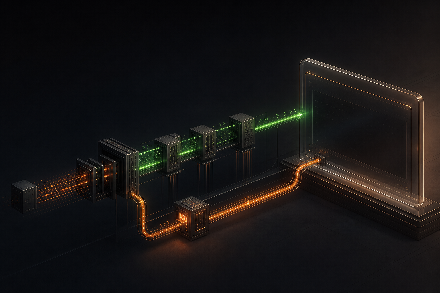 A successful data path ends at a dark interface while a recovery path reconnects the saved result